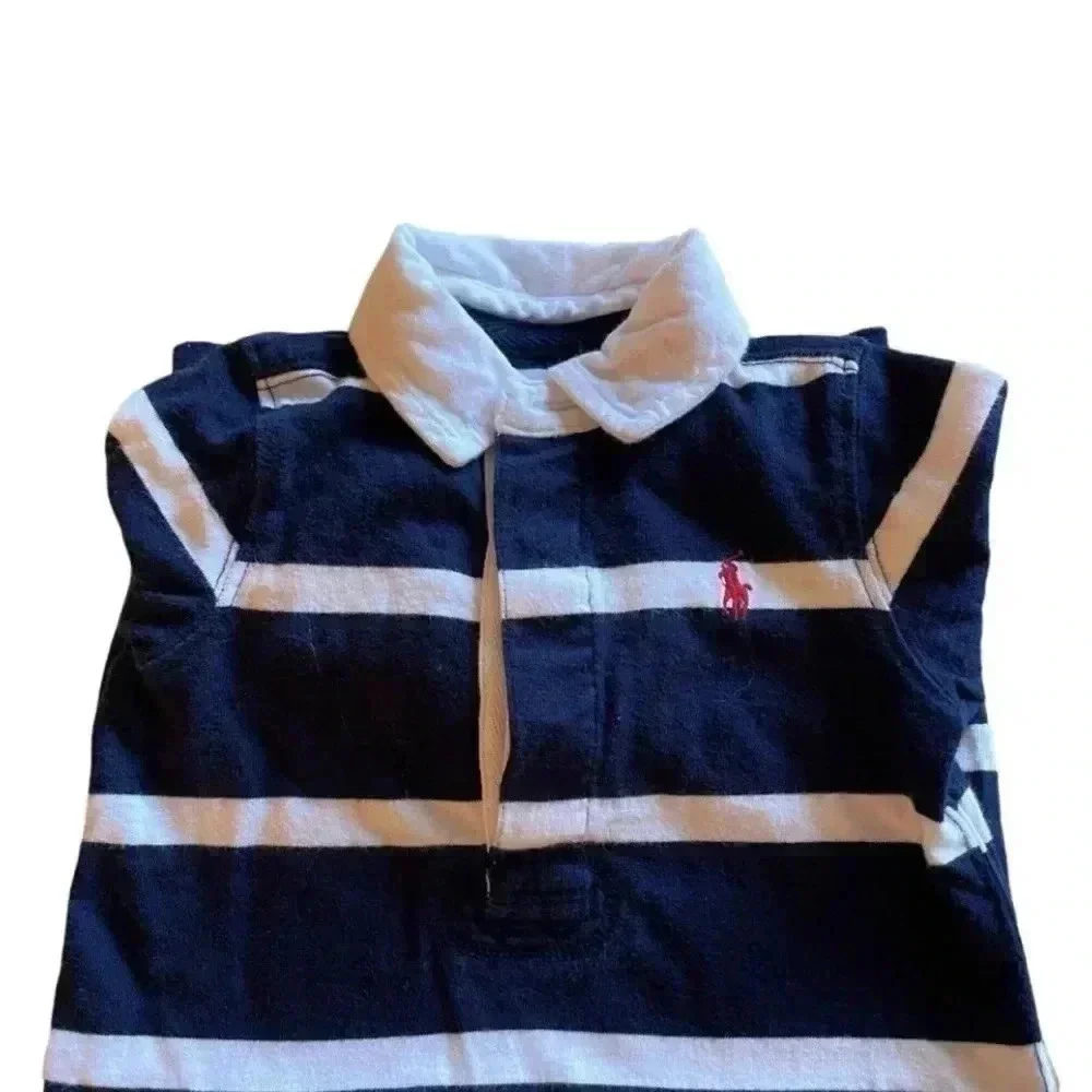 Ralph Lauren Navy/ White Stripes Baby Rugby Coverall SZ 3 mo